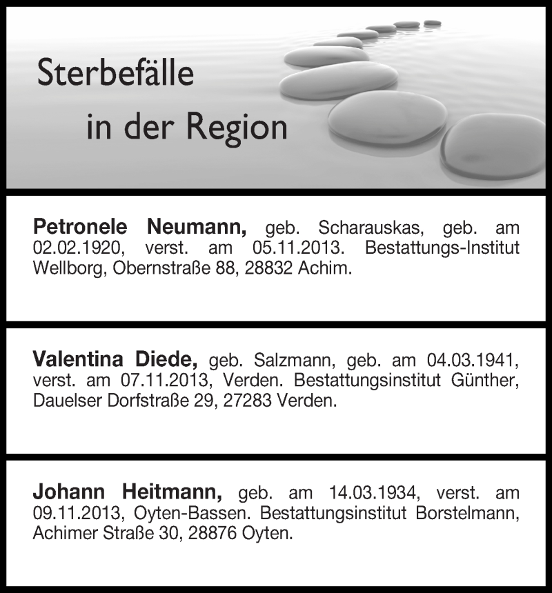 Traueranzeige von Sterbefälle aus der Region Achim/Verden von WESER-KURIER