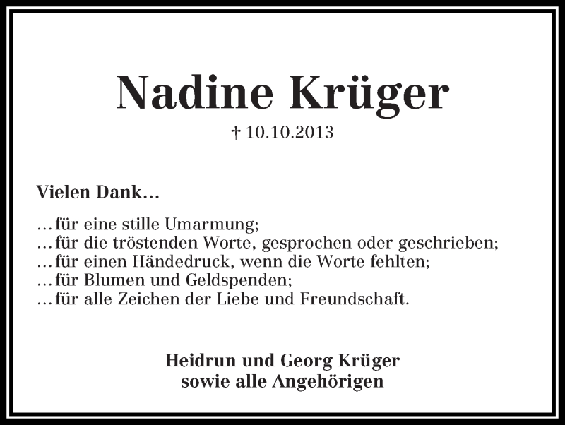  Traueranzeige für Nadine Krüger vom 15.11.2013 aus WESER-KURIER