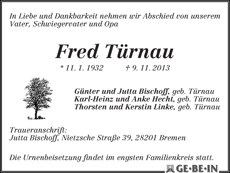 Traueranzeige von Fred Türnau von WESER-KURIER