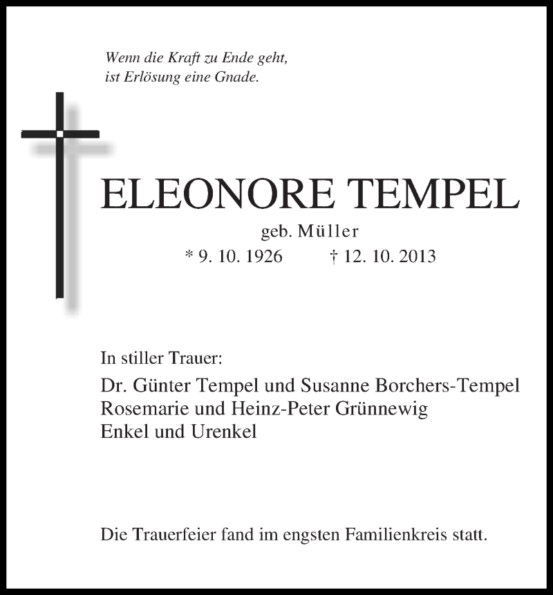  Traueranzeige für Eleonore Tempel vom 13.11.2013 aus WESER-KURIER