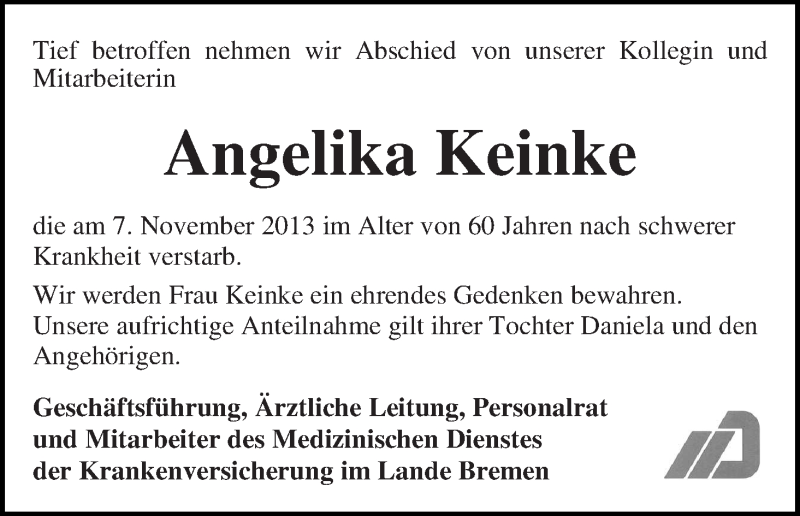 Traueranzeige für Angelika Keinke vom 13.11.2013 aus WESER-KURIER