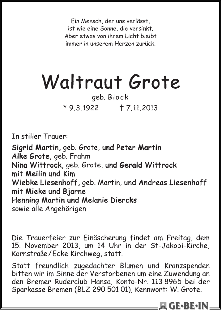 Traueranzeige von Waltraut Grote von WESER-KURIER