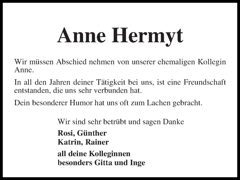 Traueranzeige von Anne Hermyt von WESER-KURIER