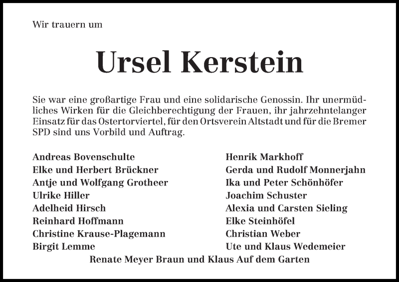 Traueranzeige von Ursel Kerstein von WESER-KURIER
