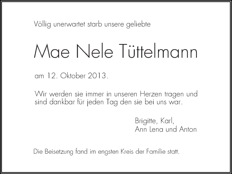  Traueranzeige für Mae Nele Tüttelmann vom 16.11.2013 aus WESER-KURIER