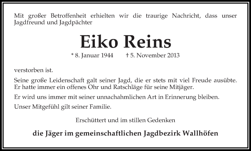  Traueranzeige für Eiko Reins vom 14.11.2013 aus WESER-KURIER