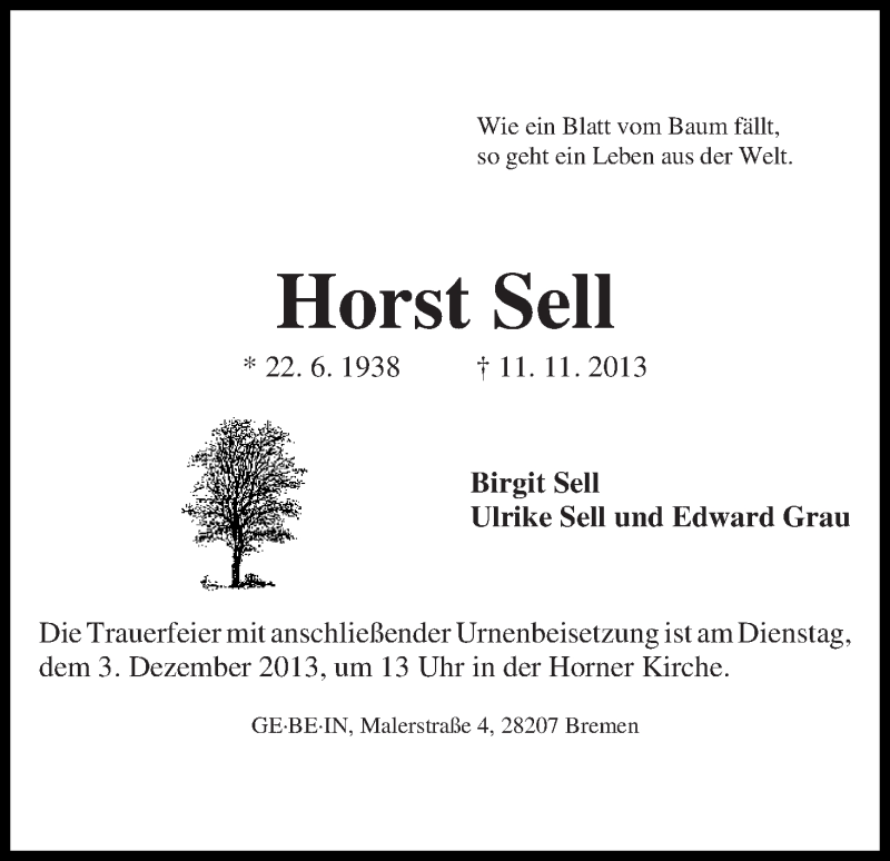 Traueranzeige von Horst Sell von WESER-KURIER