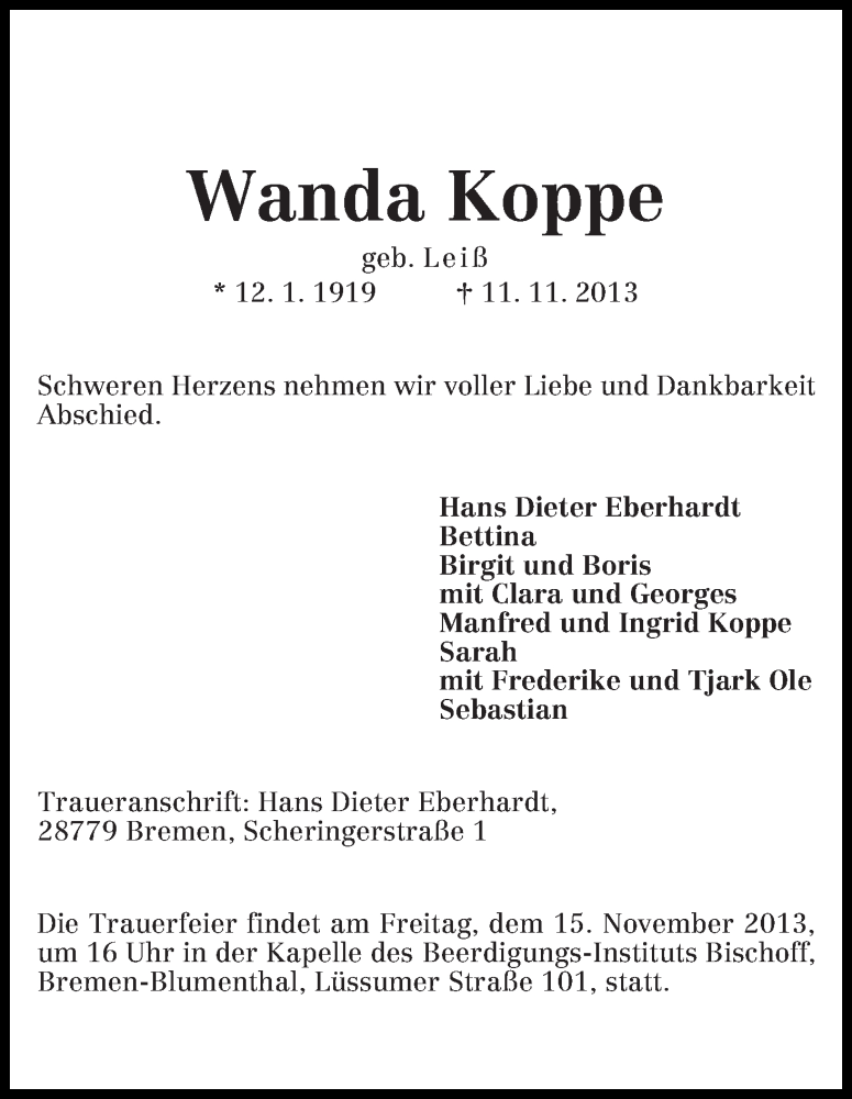  Traueranzeige für Wanda Koppe vom 14.11.2013 aus WESER-KURIER