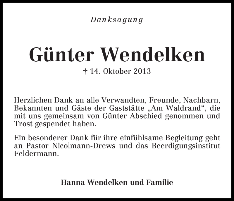  Traueranzeige für Günter Wendelken vom 15.11.2013 aus WESER-KURIER