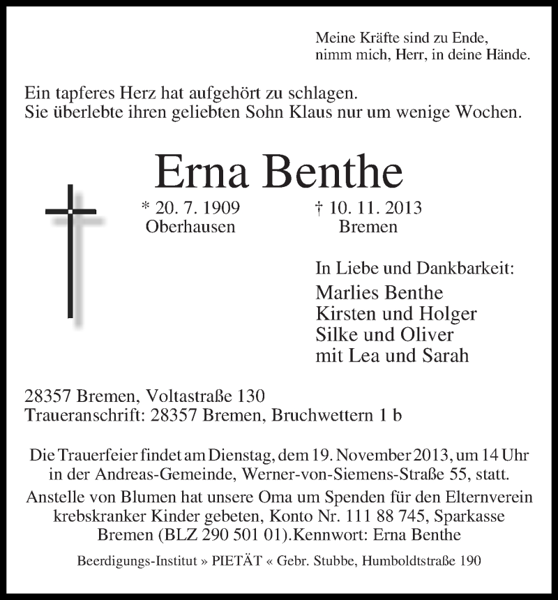  Traueranzeige für Erna Benthe vom 15.11.2013 aus WESER-KURIER