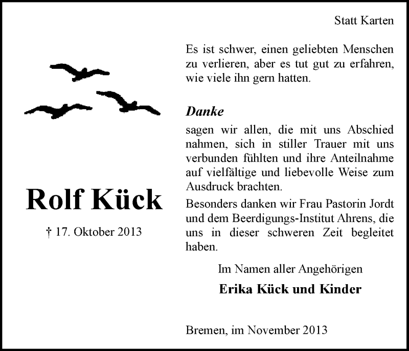  Traueranzeige für Rolf Kück vom 16.11.2013 aus WESER-KURIER