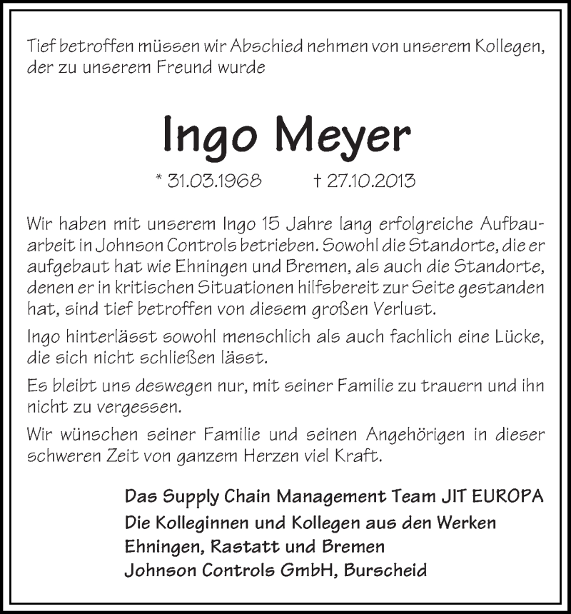  Traueranzeige für Ingo Meyer vom 16.11.2013 aus WESER-KURIER