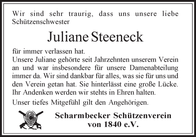 Traueranzeige von Juliane Steeneck von WESER-KURIER