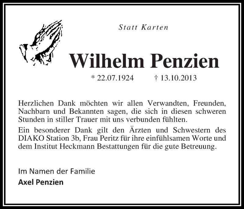 Traueranzeige von Wilhelm Penzien von WESER-KURIER