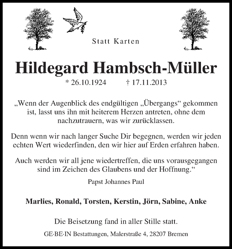 Traueranzeige von Hildegard Hambsch-Müller von WESER-KURIER