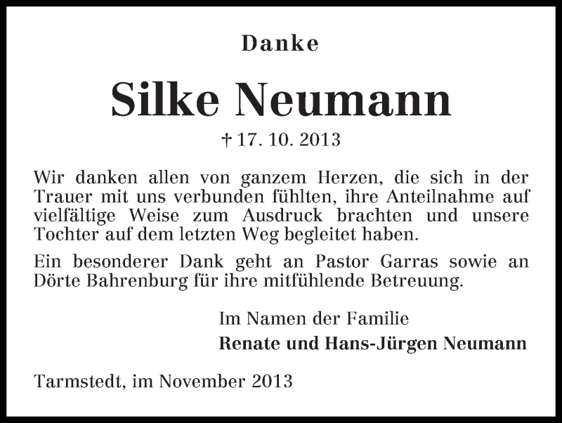  Traueranzeige für Silke Neumann vom 23.11.2013 aus WESER-KURIER