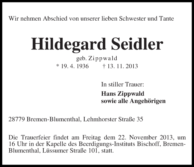  Traueranzeige für Hildegard Seidler vom 20.11.2013 aus WESER-KURIER