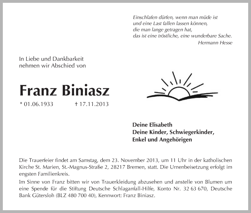  Traueranzeige für Franz Biniasz vom 20.11.2013 aus WESER-KURIER