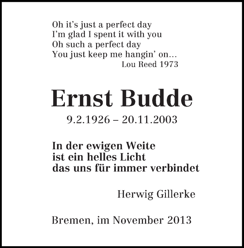  Traueranzeige für Ernst Budde vom 20.11.2013 aus WESER-KURIER