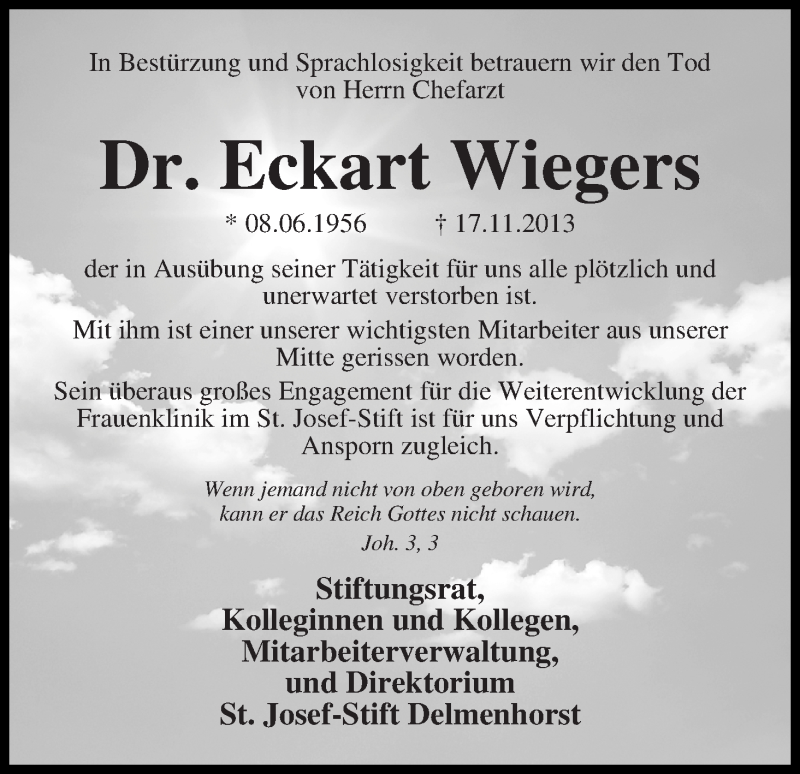  Traueranzeige für Eckart Wiegers vom 20.11.2013 aus WESER-KURIER