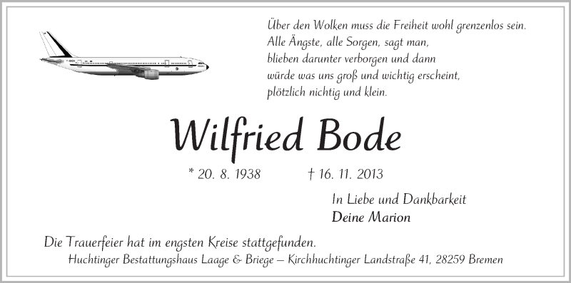  Traueranzeige für Wilfried Bode vom 27.11.2013 aus WESER-KURIER