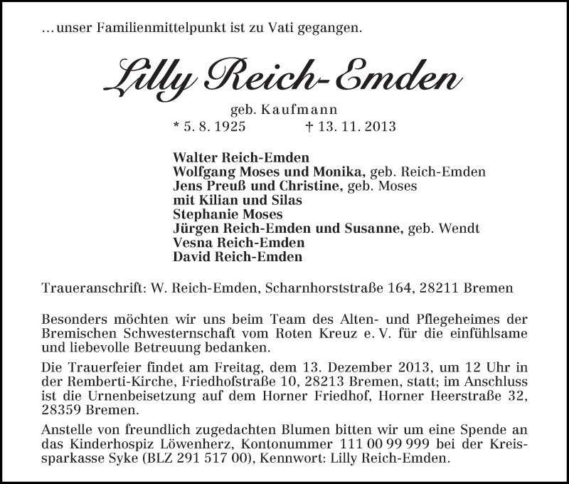 Traueranzeige von Lilly Reich-Emden von WESER-KURIER