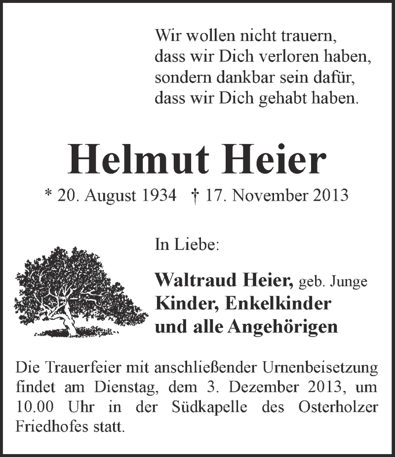 Traueranzeige von Helmut Heier von WESER-KURIER