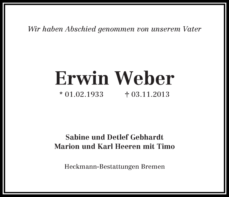 Traueranzeige von Erwin Weber von WESER-KURIER