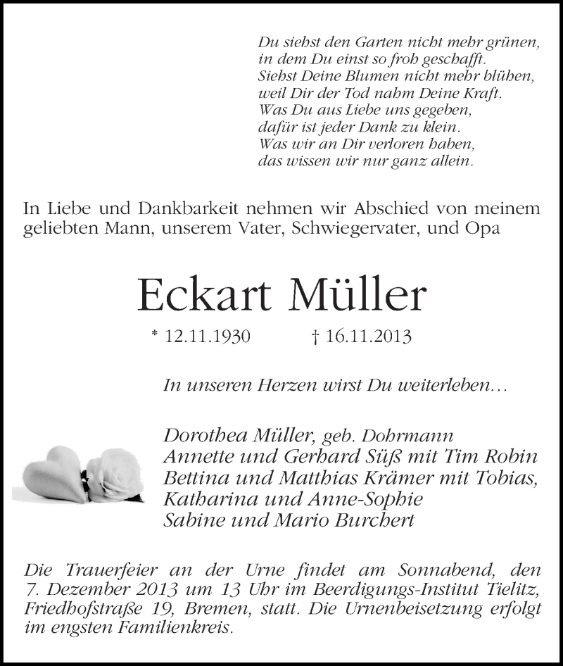 Traueranzeige von Eckart Müller von WESER-KURIER