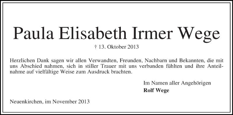 Traueranzeige von Paula Elisabeth Irmer  Wege von WESER-KURIER