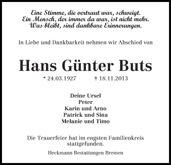 Traueranzeige von Hans Günter Buts