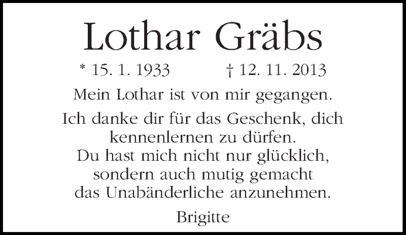  Traueranzeige für Lothar Gräbs vom 23.11.2013 aus WESER-KURIER