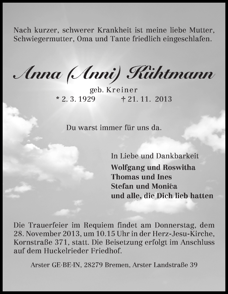 Traueranzeige von Anna Kühtmann von WESER-KURIER