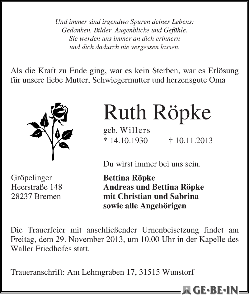 Traueranzeige von Ruth Röpke von WESER-KURIER
