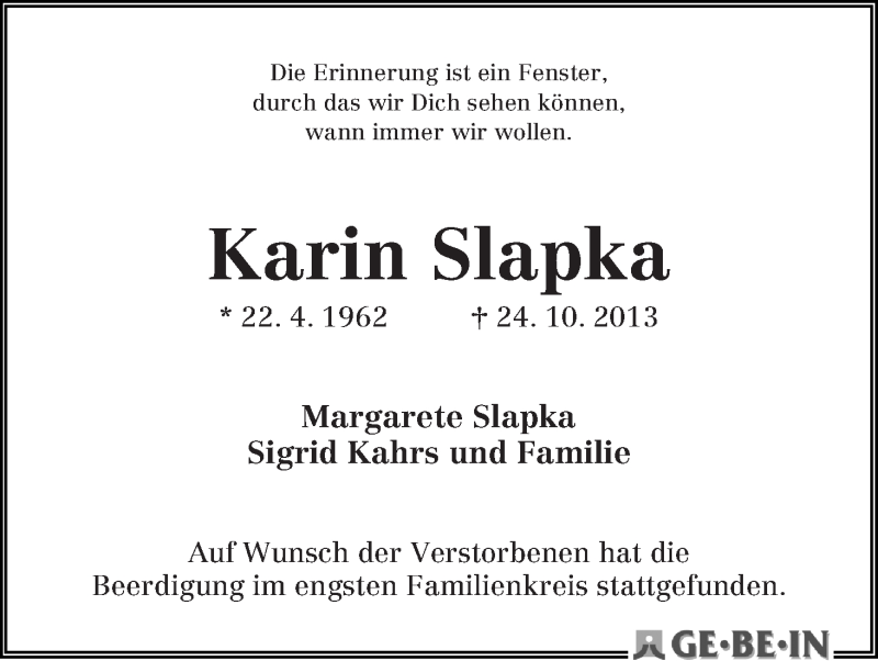 Traueranzeige von Karin Slapka von WESER-KURIER