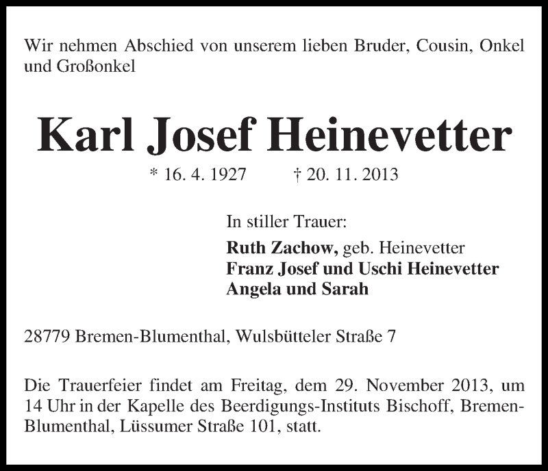 Traueranzeige von Karl Josef Heinevetter von WESER-KURIER