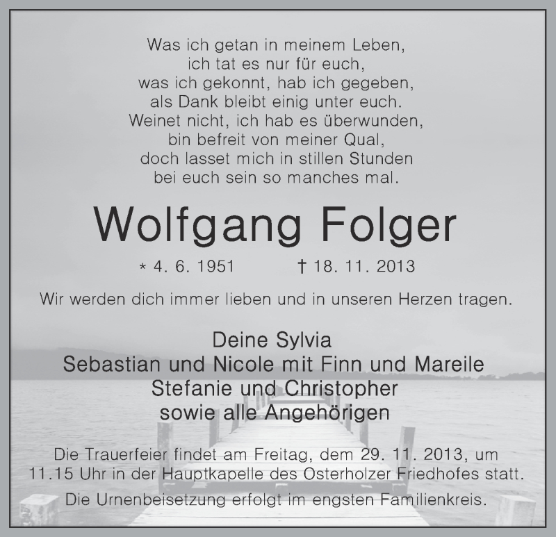 Traueranzeige von Wolfgang Folger von WESER-KURIER