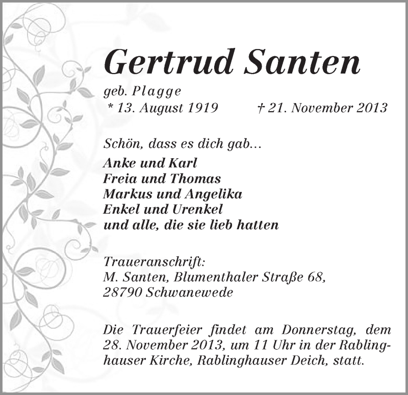 Traueranzeige von Gertrud Santen von WESER-KURIER
