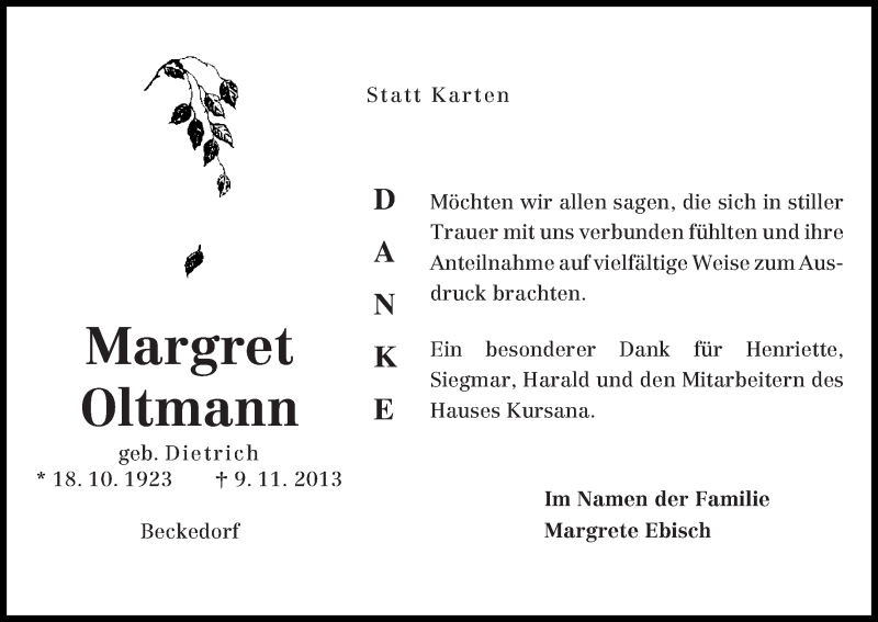  Traueranzeige für Margret Oltmann vom 30.11.2013 aus WESER-KURIER