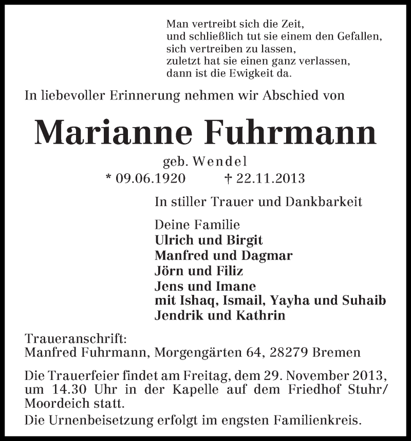 Traueranzeige von Marianne Fuhrmann von WESER-KURIER