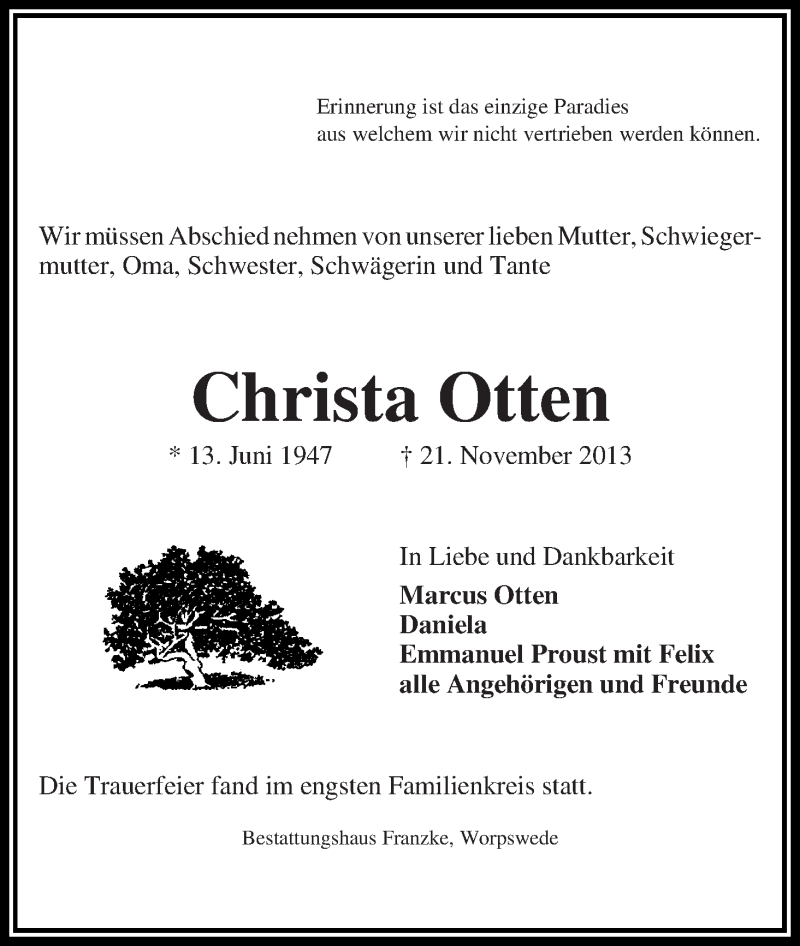 Traueranzeige von Christa Otten von WESER-KURIER