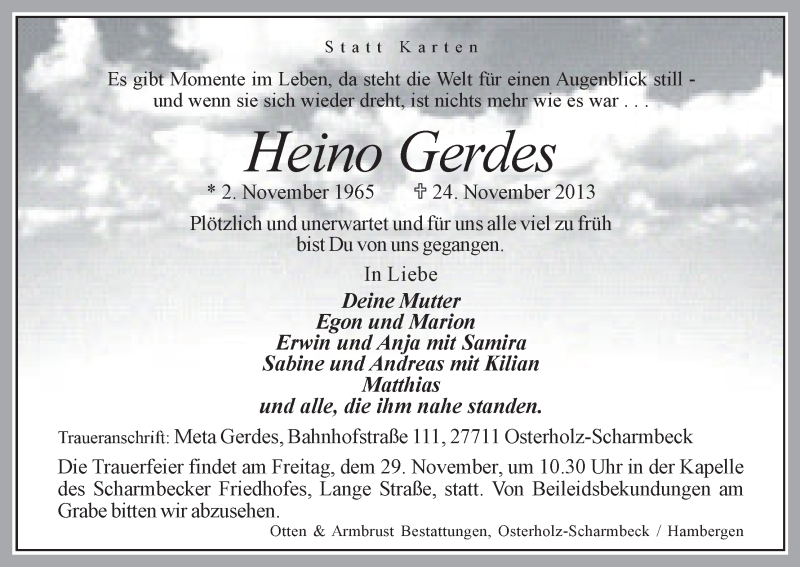 Traueranzeige von Heino Gerdes von WESER-KURIER