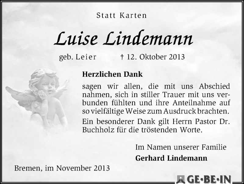Traueranzeige von Luise Lindemann von WESER-KURIER