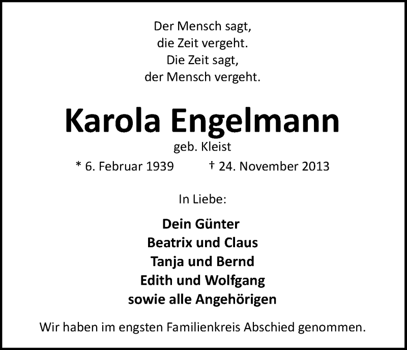  Traueranzeige für Karola Engelmann vom 30.11.2013 aus WESER-KURIER