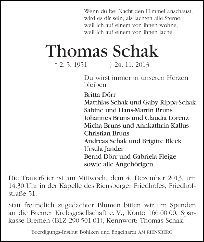  Traueranzeige für Thomas Schak vom 30.11.2013 aus WESER-KURIER