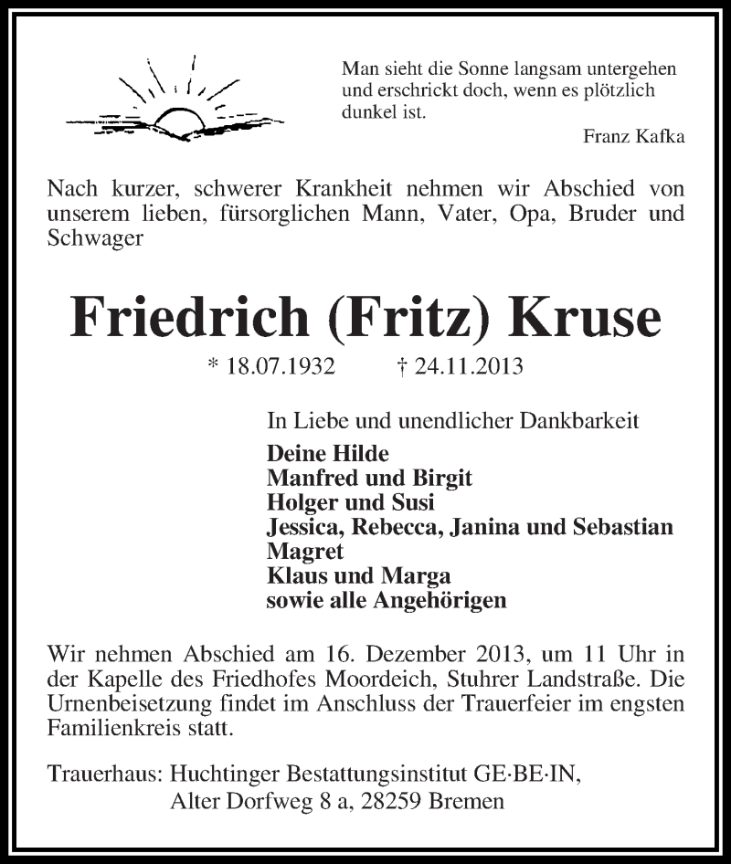  Traueranzeige für Friedrich Kruse vom 30.11.2013 aus WESER-KURIER
