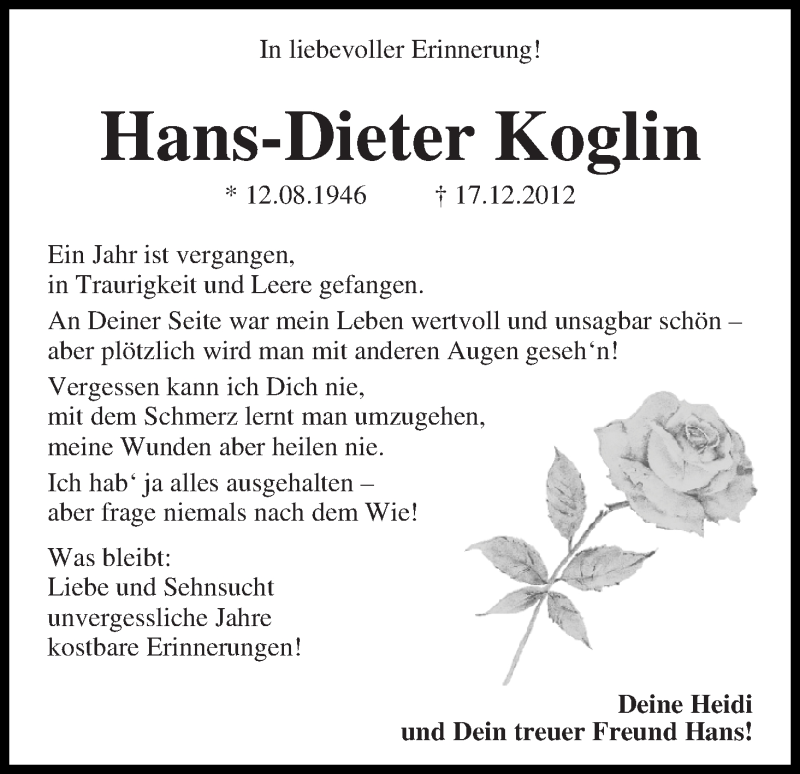 Traueranzeige von Hans-Dieter Koglin von WESER-KURIER