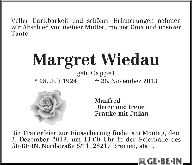 Traueranzeige von Margret Wiedau von WESER-KURIER
