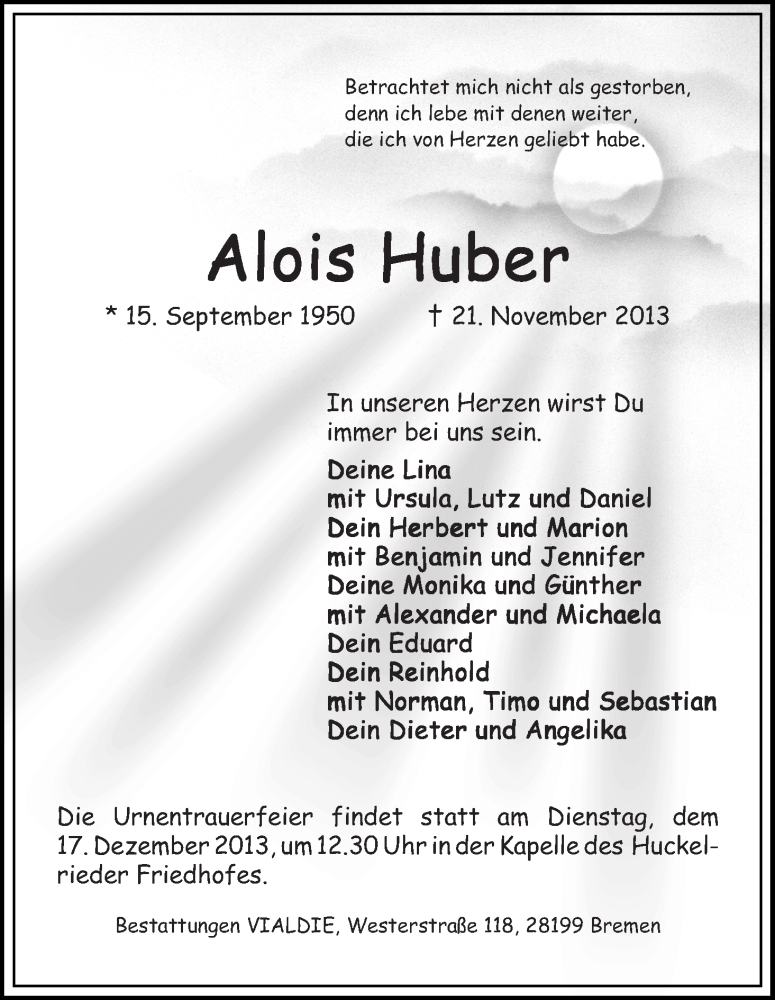 Traueranzeige von Alois Huber von WESER-KURIER