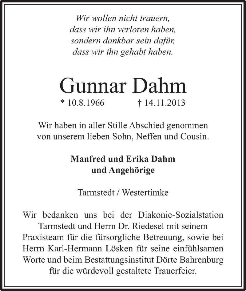  Traueranzeige für Gunnar Dahm vom 30.11.2013 aus WESER-KURIER